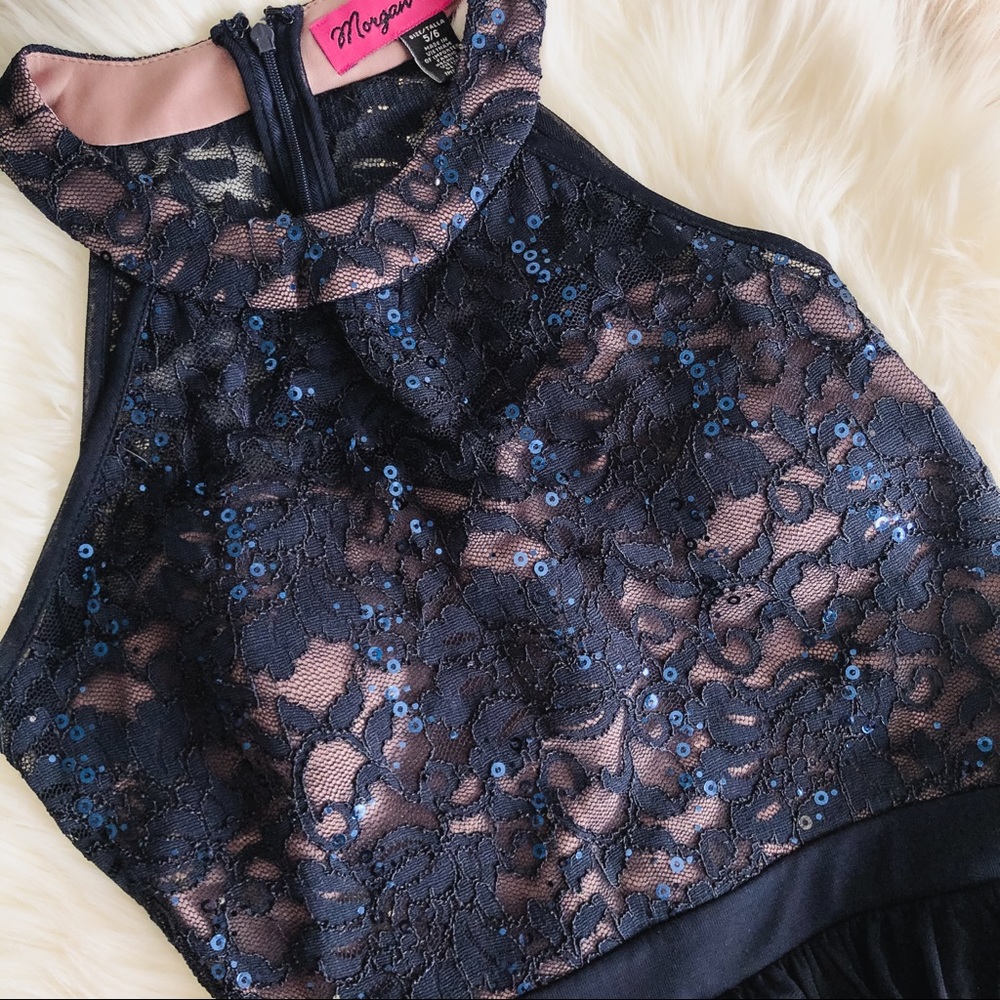 Navy and tan formal gown